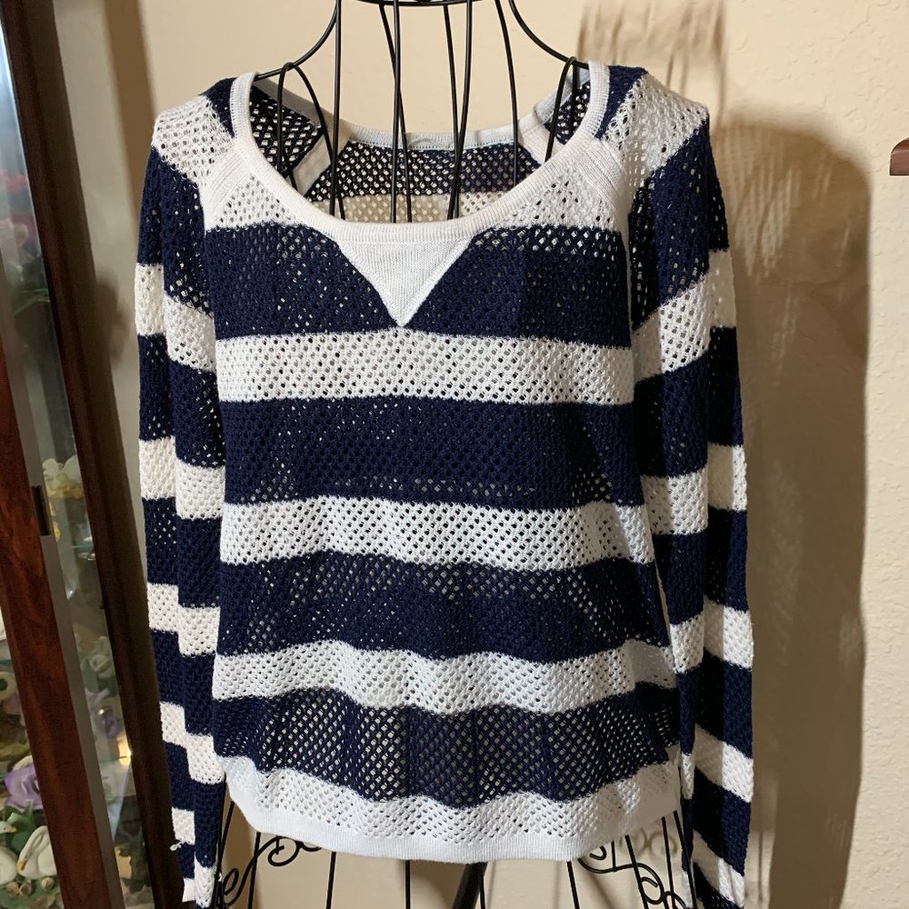 Ladies size Large Navy Blue & White Striped Long Sleeve Sweater